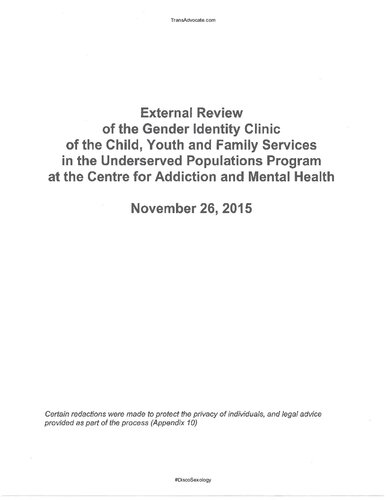 External Review of the Gender Identity Clinic of the Child, Youth and Family Services in the Underserved Populations Program at the Centre for Addiction and Mental Health