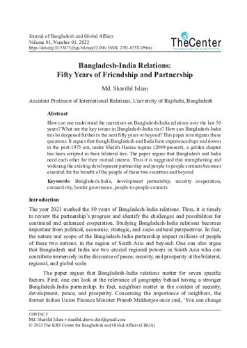 Bangladesh-India relations: Fifty Years of friendship and partnership