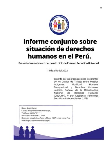 Informe conjunto sobre situación de derechos humanos en el Perú. Presentado en el marco del cuarto ciclo de Examen Periódico Universal