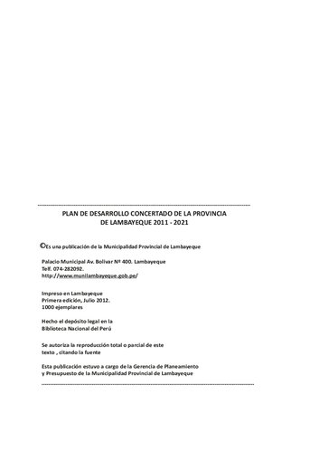 Plan de Desarrollo Concertado de la Provincia de Lambayeque 2011-2021. Por un desarrollo para todos y todas