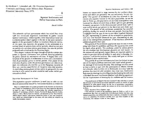 Abraham F. Lowenthal, ed., The Peruvian Experiment: Continuity and Change under Military Rule (Chapt 
Squatter Settlements and Policy Innovation in Peru