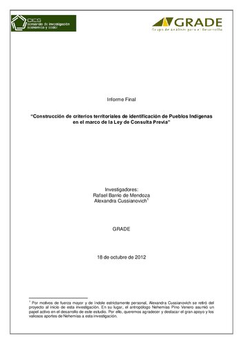 Construcción de criterios territoriales de identificación de Pueblos Indígenas en el marco de la Ley de Consulta Previa (Perú). Informe Final