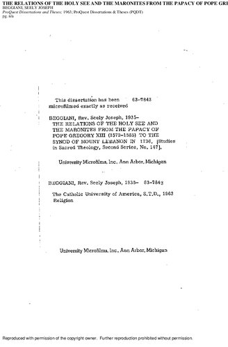 The relations of the Holy see and the maronites from the papacy of Pope Gregory XIII (1572-1585) to the Synod of Mount Lebanon in 1736