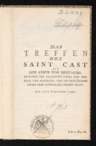 Das Treffen bei Saint Cast auf der Küste von Bretagne, unter dem Herzoge von Aiguillon, und den Engländern unter dem Generalleutnant Bligh den 11ten September 1758