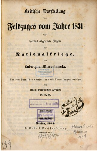 Kritische Dastellung des Feldzuges vom Jahre 1831 und hieraus abgeleitete Regeln für Nationalkriege