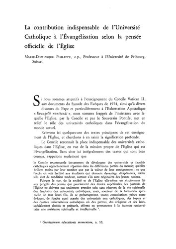 La contribution indispensable de l'université catholique à l'évangélisation selon la pensée officielle de l'Eglise