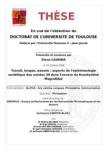 Travail, langue, pensée : aspects de l'épistémologie soviétique des années 30 dans l'oeuvre de Konstantiné Megrelidzé