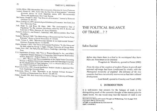 The Political Balance of Trade ... ?? (Rashid's article in Reserch in the History of Economic Thought and Methodology, V.11)