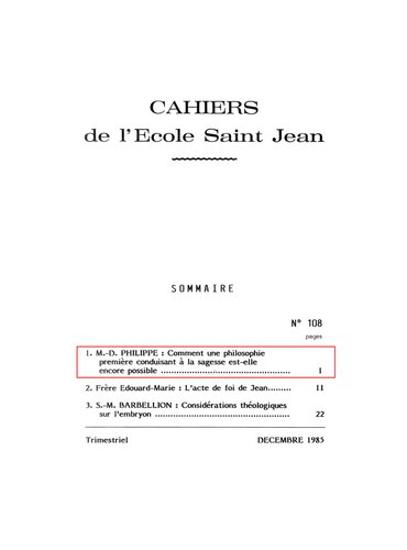 Comment une philosophie première conduisant à la sagesse est-elle encore possible ?