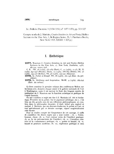 Bulletin Thomiste 9 (1954-1956) n°  n° 1077-1078 
Compte rendu de Creative Intuition in Art and Poetry par Jacques Maritain, 1953