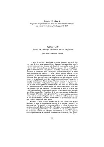 Regard de théologie chrétienne sur la souffrance (Postface)