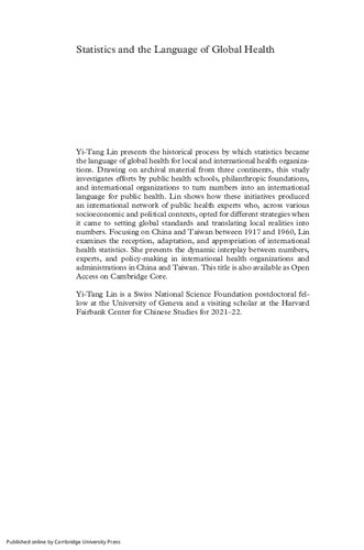 Statistics and the language of global health: international actors and local agencies in China, 1917-1960 /