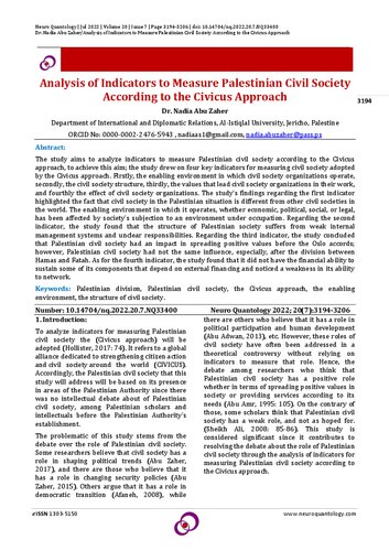 Analysis of Indicators to Measure Palestinian Civil Society According to the Civicus Approach