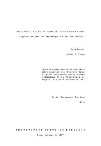 Aspectos del proceso de urbanización en América Latina (Sugerencias para una estrategia a nivel continental)