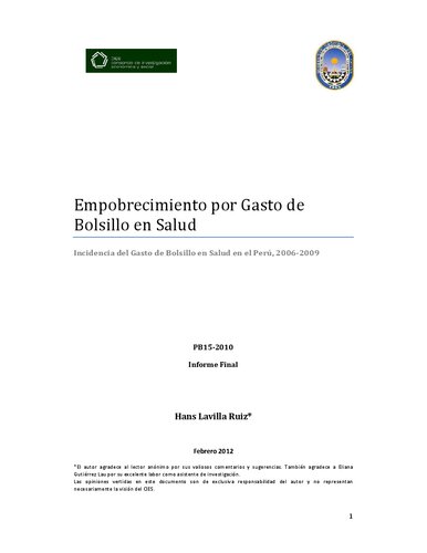 Empobrecimiento por Gasto de Bolsillo en Salud. Incidencia del Gasto de Bolsillo en Salud en el Perú, 2006-2009