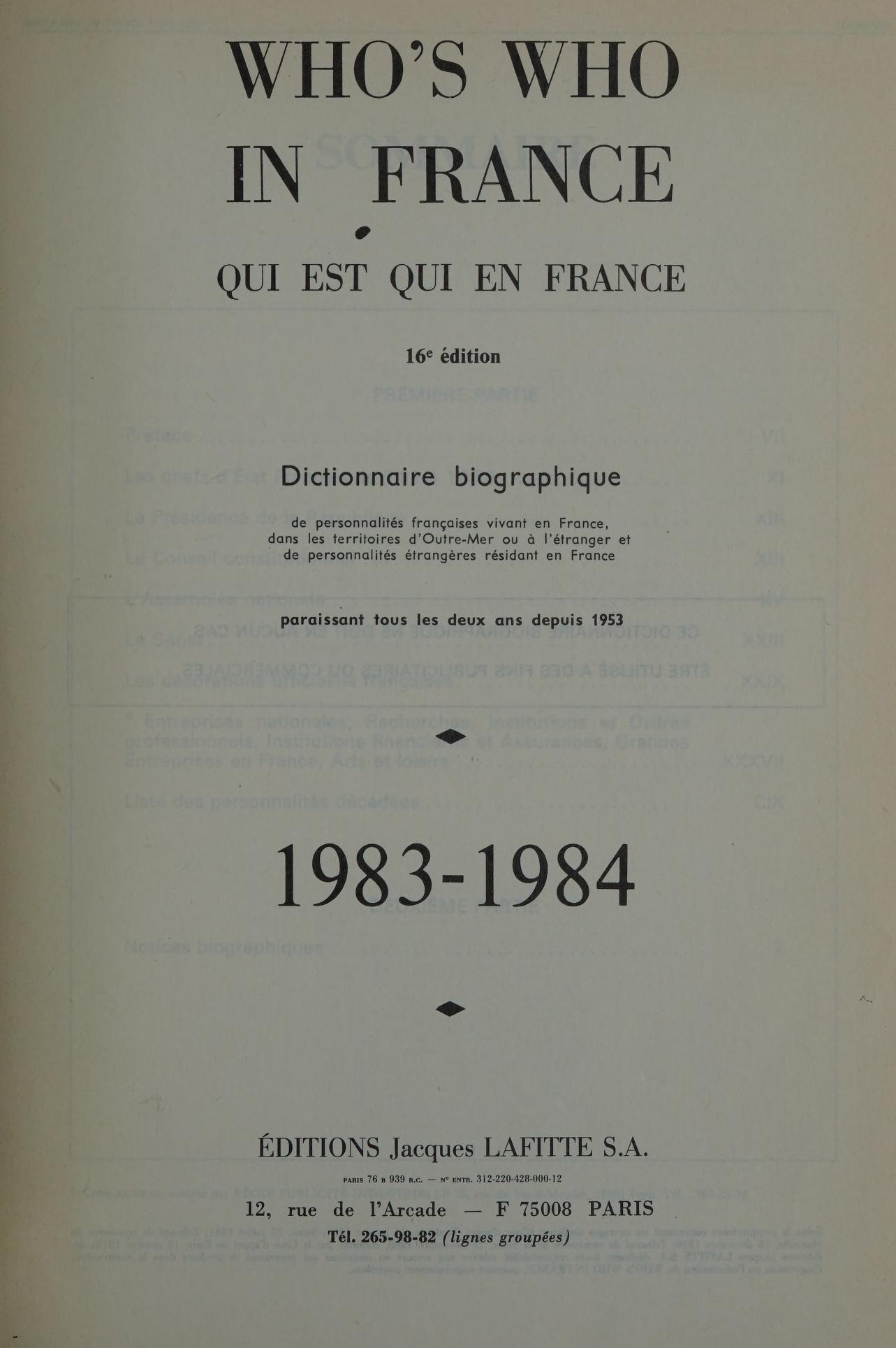 Who's Who in France = Qui est qui en France, 1983-84 : Dictionnaire biographique