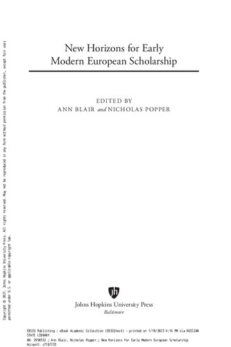 New Horizons for Early Modern European Scholarship