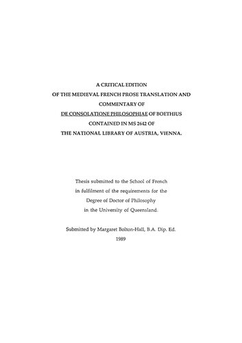 A critical edition of the medieval French prose translation and commentary of De Consolatione Philosophiae of Boethius contained in ms 2642 of the National Library of Austria, Vienna