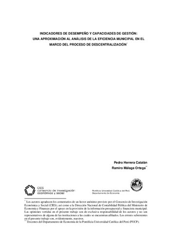 Indicadores de desempeño y capacidades de gestión: Una aproximación al análisis de la eficiencia municipal en el marco del proceso de descentralización (Perú)