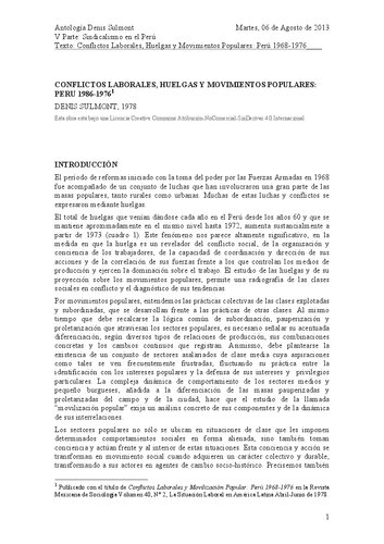 Conflictos Laborales y Movilización Popular: Perú 1968-1976/ Conflictos Laborales, Huelgas y Movimientos Populares: Perú 1968-1976