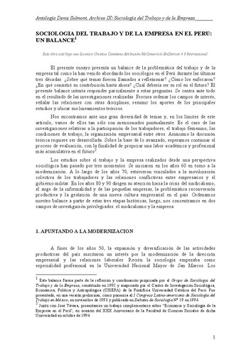 Sociología del trabajo y de la empresa en el Perú: un balance