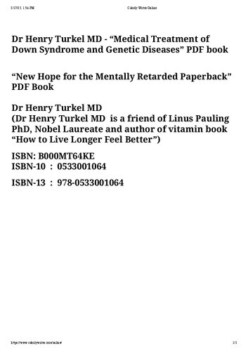 Medical Treatment of Down Syndrome and Genetic Diseases - New Hope for the Mentally Retarded by Dr Henry Turkel