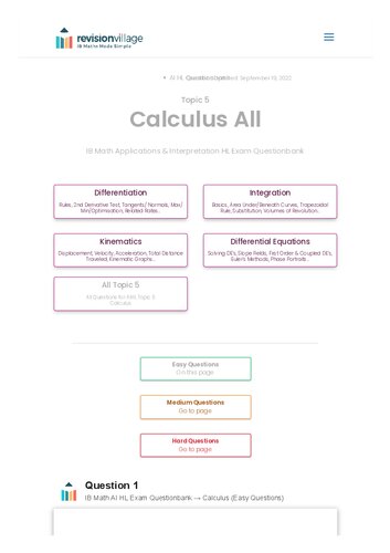 Revision village Math AI HL - Calculus - Easy Difficulty Questionbank