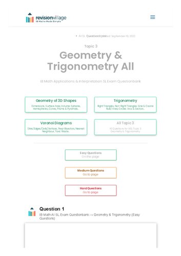 Revision village Math AI SL - Geometry & Trigonometry - Easy Difficulty Questionbank