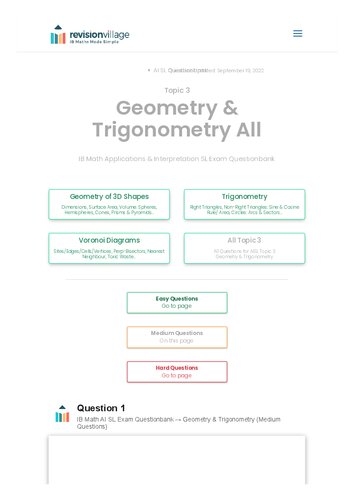 Revision village Math AI SL - Geometry & Trigonometry - Medium Difficulty Questionbank