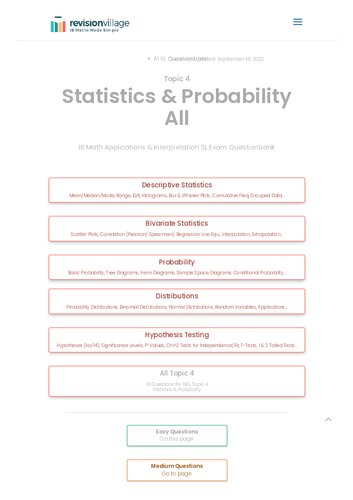 Revision village Math AI SL - Statistics & Probability - Easy Difficulty Questionbank