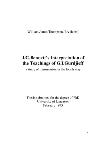 J.G.Bennett‟s Interpretation of the Teachings of G.I. Gurdjieff - a Study of Transmission in the Fourth Way