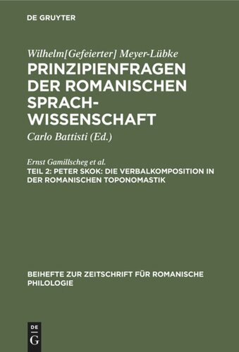 Prinzipienfragen der romanischen Sprachwissenschaft. Teil 2 Peter Skok: Die Verbalkomposition in der romanischen Toponomastik: Elise Richter: Der innere Zusammenhang in der Entwicklung der romanischen Sprachen. Alice Sperber: Zur Bildung romanischer Kindernamen. Ernst Gamillscheg: Über Lautsubstitution