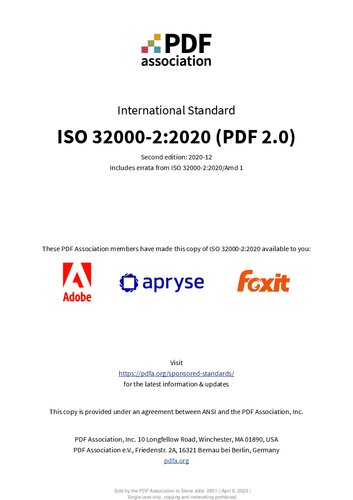 ISO 32000-2:2020 — Document management - Portable document format - Part 2: PDF 2.0 (sponsored)