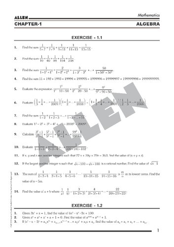 Allen PRMO/IOQM sheet: Algebra