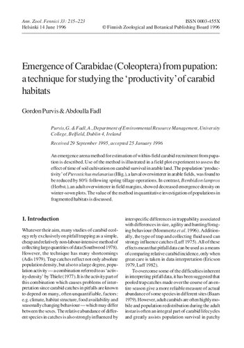 Emergence of Carabidae (Coleoptera) from pupation: a technique for studying the ‘productivity’of carabid habitats