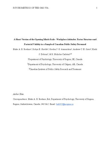 A Short Version of the Opening Minds Scale - Workplace Attitudes: Factor Structure and Factorial Validity in a Sample of Canadian Public Safety Personnel