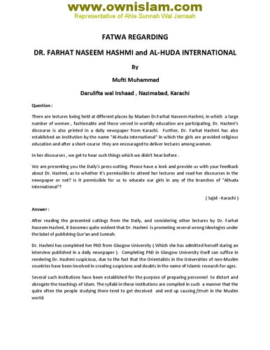 Fatwa Regarding Dr. Farhat Naseem Hashmi and Al-Huda International