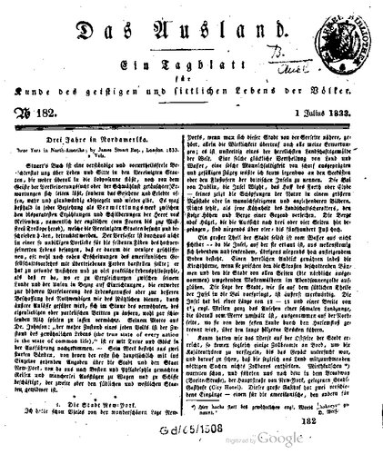 Das Ausland. Ein Tageblatt für Kunde des geistigen und sittlichen Lebens der Völker mit besonderer Rücksicht auf verwandte Erscheinungen in Deutschland