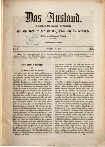 Das Ausland. Überschau der neuesten Forschungen auf dem Gebiete der Natur-, Erd- und Völkerkunde