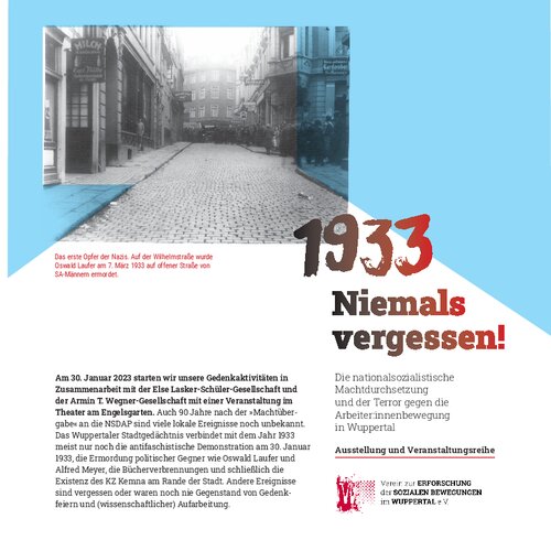 1933 Niemals vergessen! Töne und Texte der Erinnerung zum 90. Jahrestag der NS-Machtergreifung mit Einsprüchen zeitgenössischer Nazi-Gegner und DichterInnen wie Else Lasker Schüler, Armin T. Wegner, Bertolt Brecht und Musik von Hanns Eisler, Arnold Schönberg und Ulrich Klan