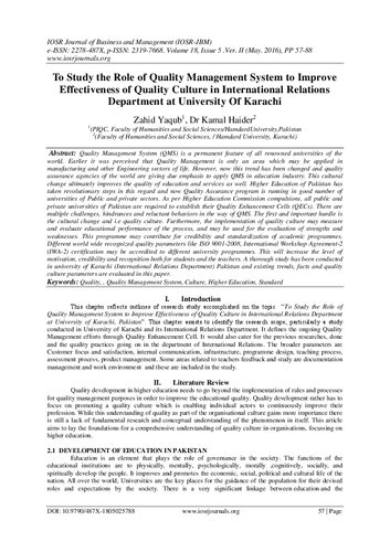 To Study the Role of Quality Management System to Improve Effectiveness of Quality Culture in International Relations Department at University Of Karachi