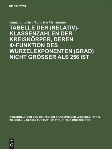 Tabelle der (Relativ)-Klassenzahlen der Kreiskörper, deren φ-Funktion des Wurzelexponenten (Grad) nicht größer als 256 ist