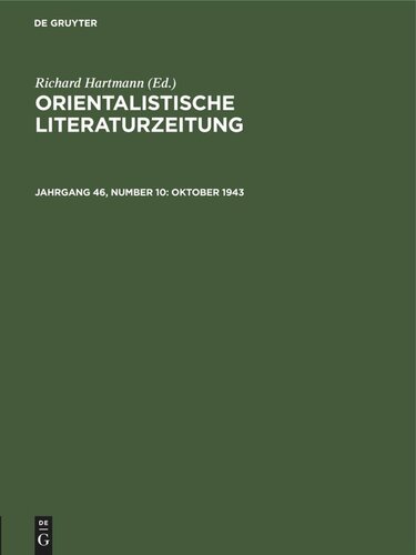 Orientalistische Literaturzeitung: Jahrgang 46, Number 10 Oktober 1943