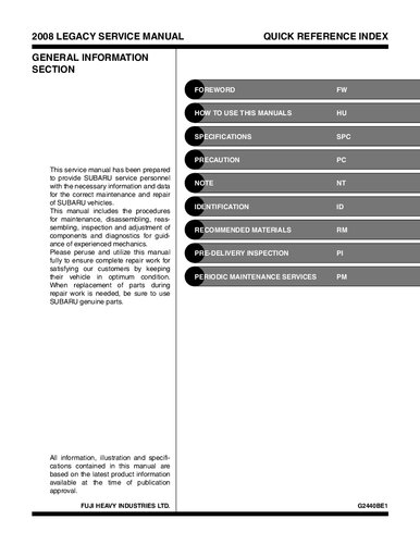 Subaru Legacy Outback 2008 Factory Service Manual USDM BP-BL G2440BE