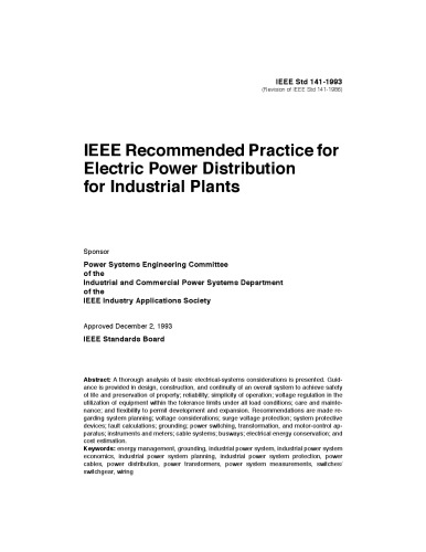 IEEE Std 141-1993, IEEE Recommended Practice for Electric Power Distribution for Industrial Plants 