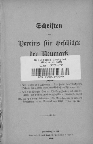 Schriften des Vereins für Geschichte der Neumark