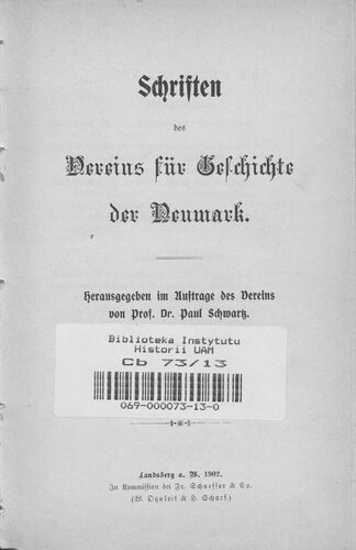 Schriften des Vereins für Geschichte der Neumark