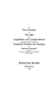 Of The Vocation of Our Age for Legislation and Jurisprudence