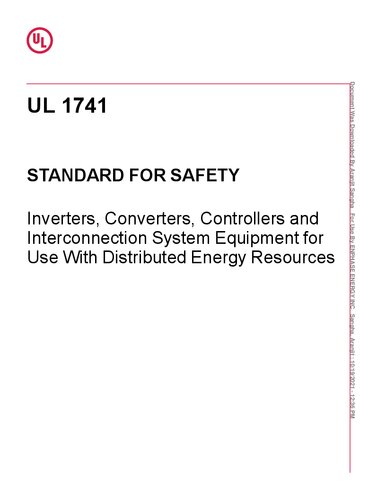 UL Standard for Safety Inverters, Converters, Controllers and Interconnection System Equipment for Use With Distributed Energy Resources