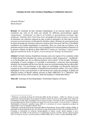 Amérique du Sud : entre résistance biopolitique et stabilisation répressive. L'Irascible. Revue de l'Institut Rhône-Alpin de Sciences Criminelles. 